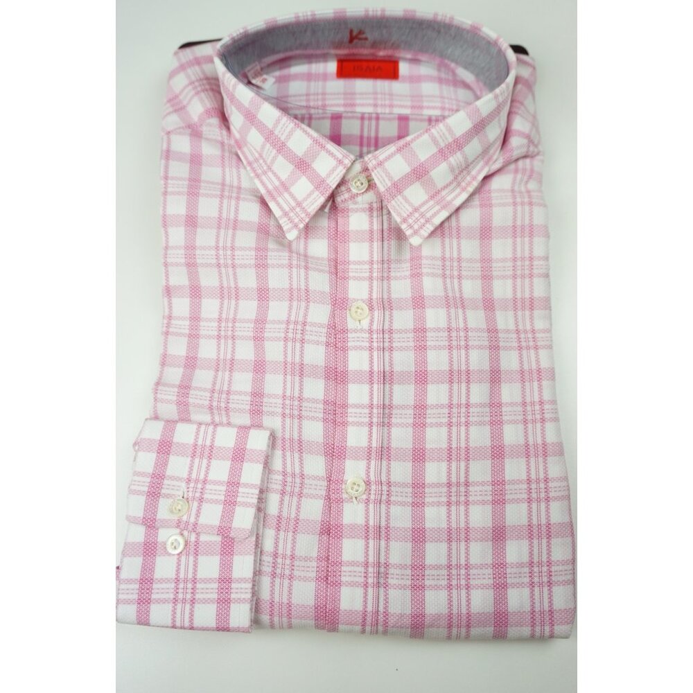 Isaia Napoli Pink White Woven Plaid Long Sleeve Cotton Dress Shirt 15.5/39 NEW